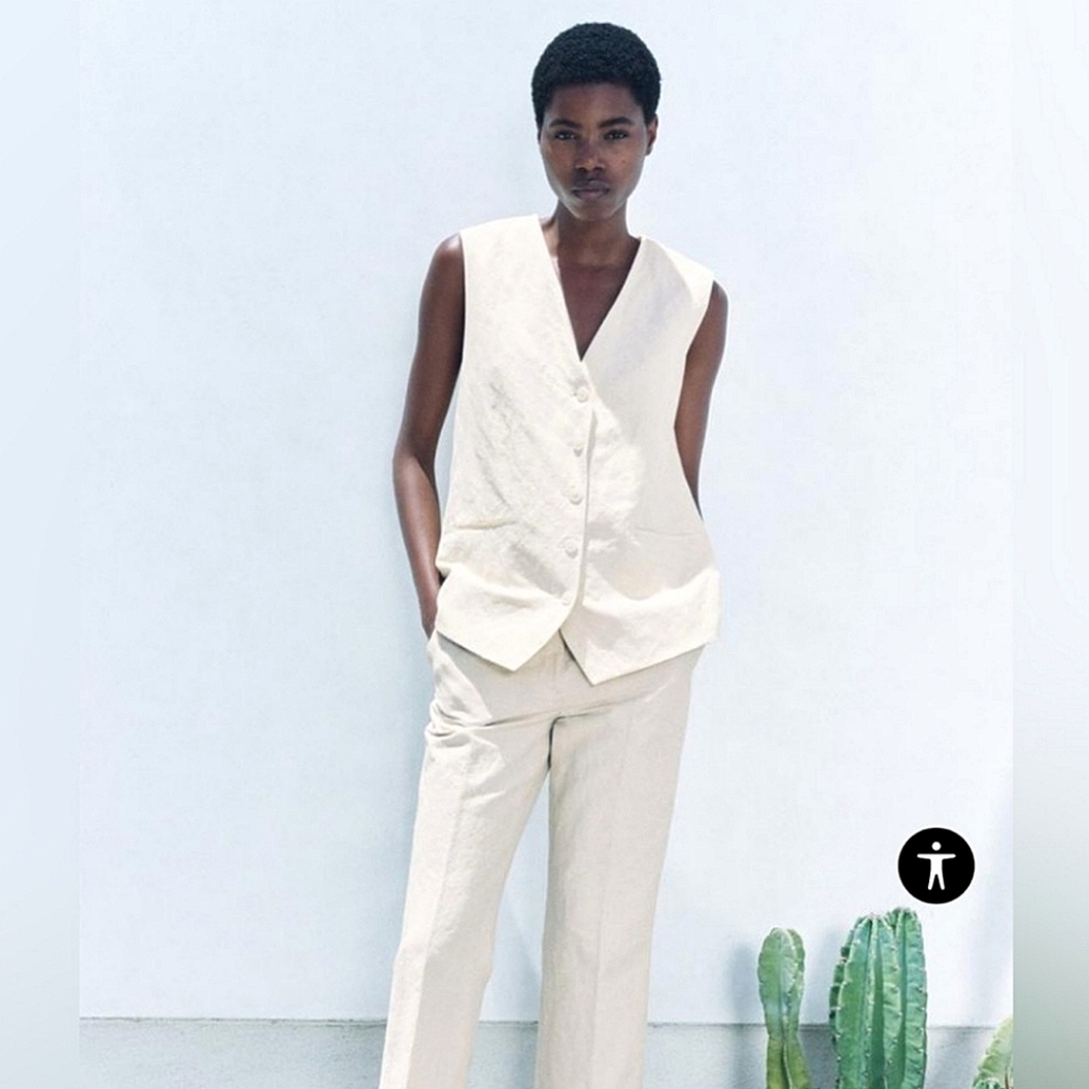 ZARA "SET" ECRU WRINKLED EFFECT VEST/PANT CO-ORD 💖 - Picture 2 of 8